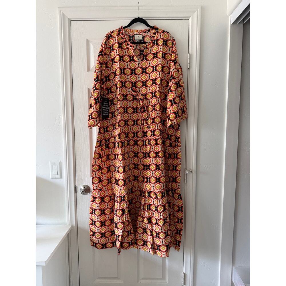 tuckernuck honeycomb bloom marisol tie-waist caftan maxi dress women x-large xl - Picture 2 of 9